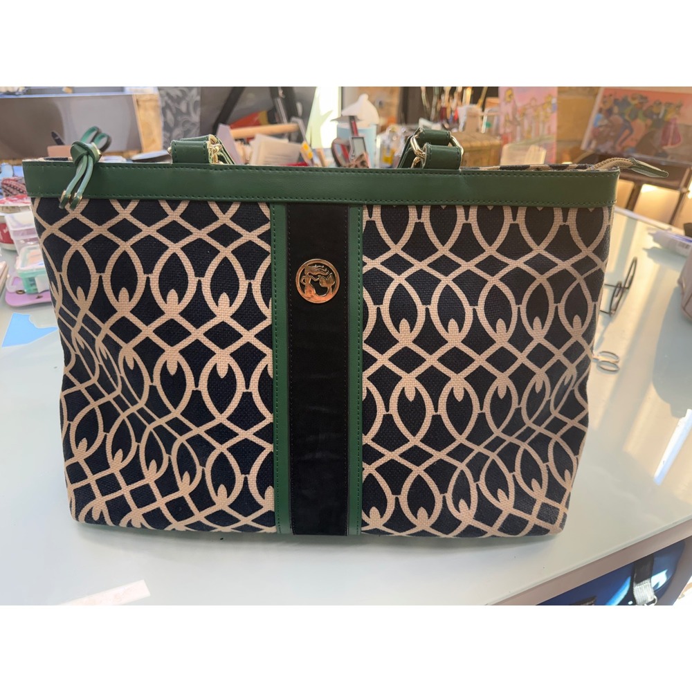 Spartina 449 Daufuskie Island Canvas & Leather Handbag Green Navy read‎